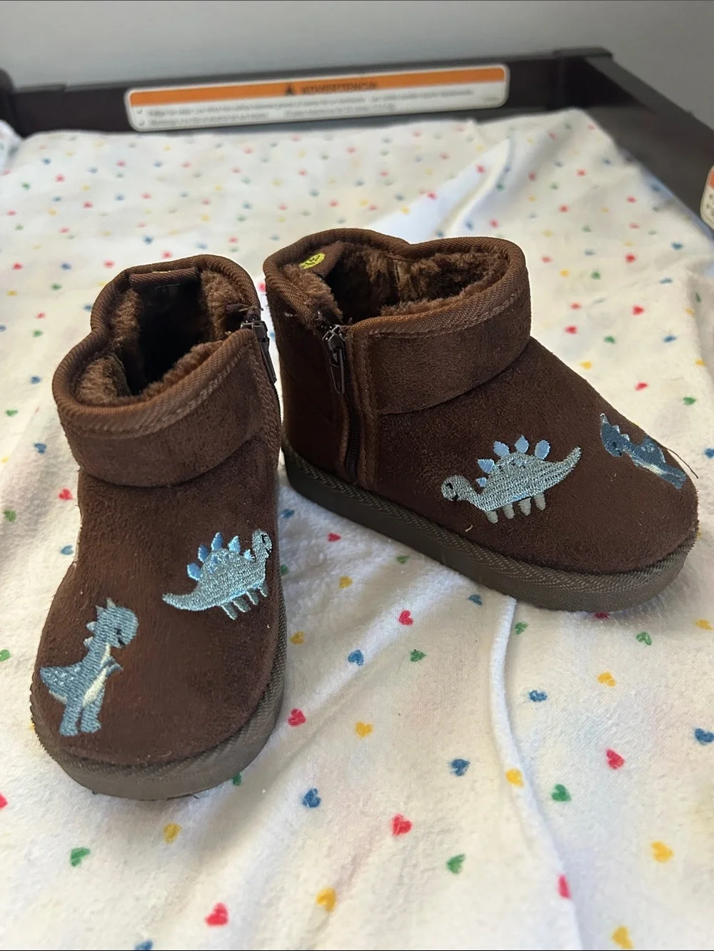 Brown Dino Embroidered Kids Booties - Cozy Slip-On Boots